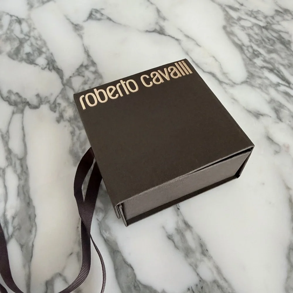 Roberto Cavalli Brown Textured Square Gift Box with Gold Logo and Ribbon Pull